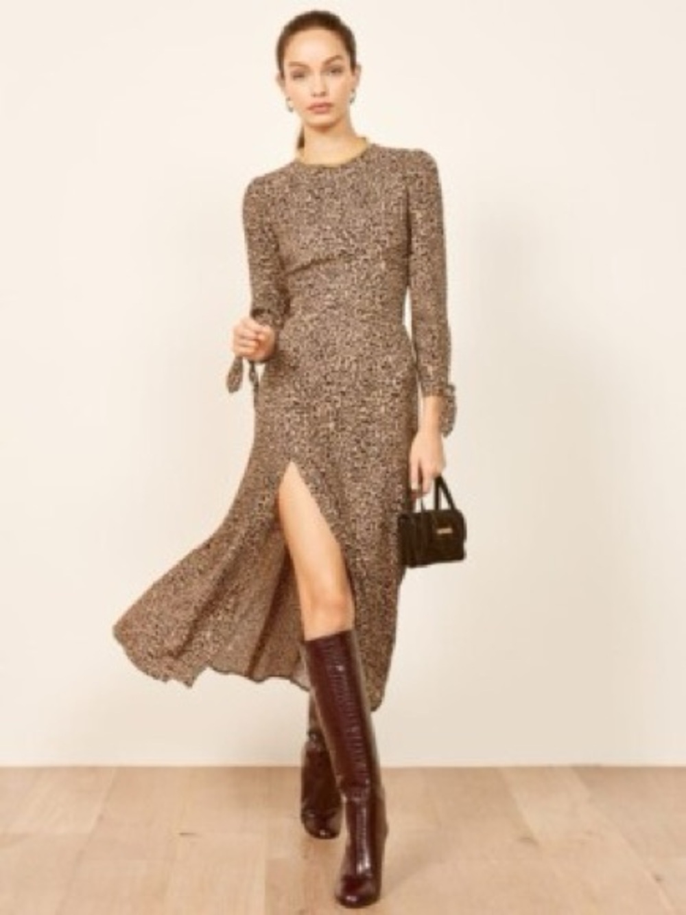Reformation Leopard Printed Long-Sleeve Midi Dress with Side Slit